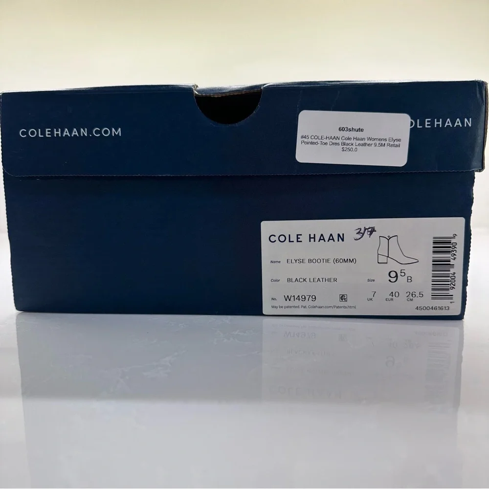 NWT || NIB: Cole Haan Elyse Black Ankle Leather Boots with Side Zip. Size: 9.5 B